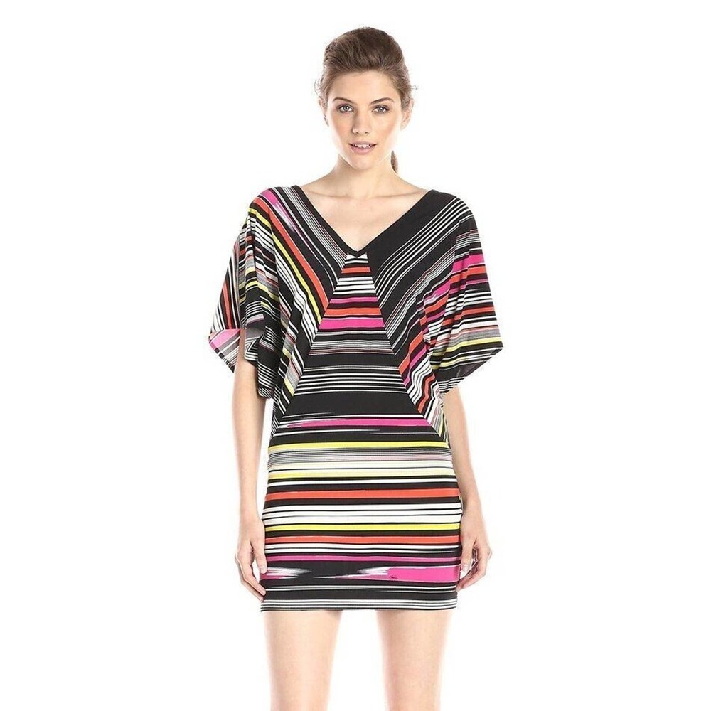 Trina Turk Patterson Striped Dress Multi Color Flutter Sleeve V Neck Min…